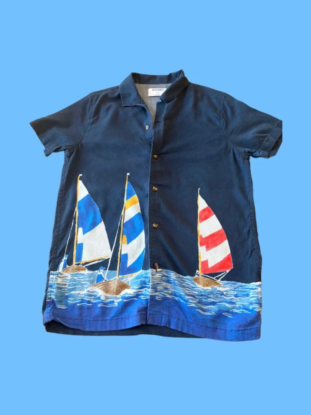 Old Navy Boys Sailboat Button Down Shirt Navy Blue Size 10-12 Large